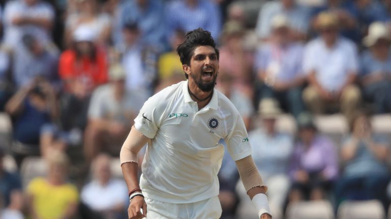 India's Ishant Sharma celebrates taking the wicket of England's Moeen Ali during day three of the fourth test at the AGEAS Bowl, Southampton, 1 September 2018