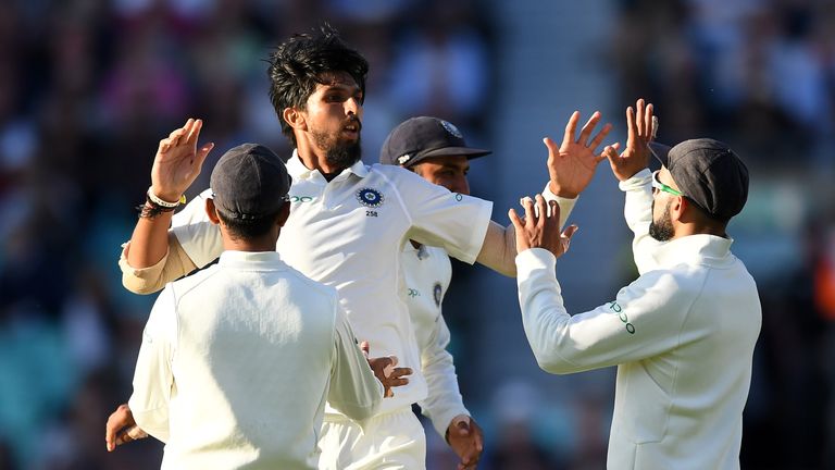 Ishant Sharma celebrates with team-mates during day one of the Specsavers 5th Test between England and India at The Kia Oval