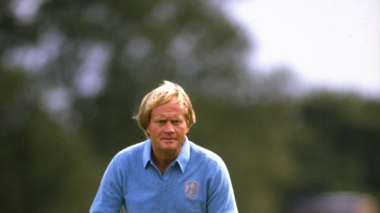 Jack Nicklaus and Tom Watson of the USA check the line of his putt during the Ryder Cup at Walton Heath Golf Club in Surrey, England. USA won the event 18.5-9.