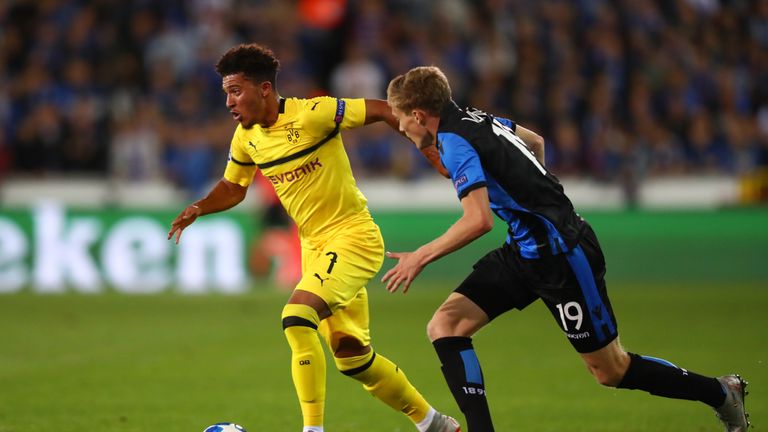 Jadon Sancho in action for Borussia Dortmund against Club Bruges