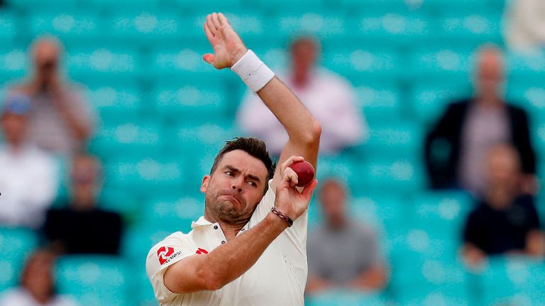 England's James Anderson bowls during play on the final day of the fifth Test cricket match between England and India at The Oval in London on September 11, 2018