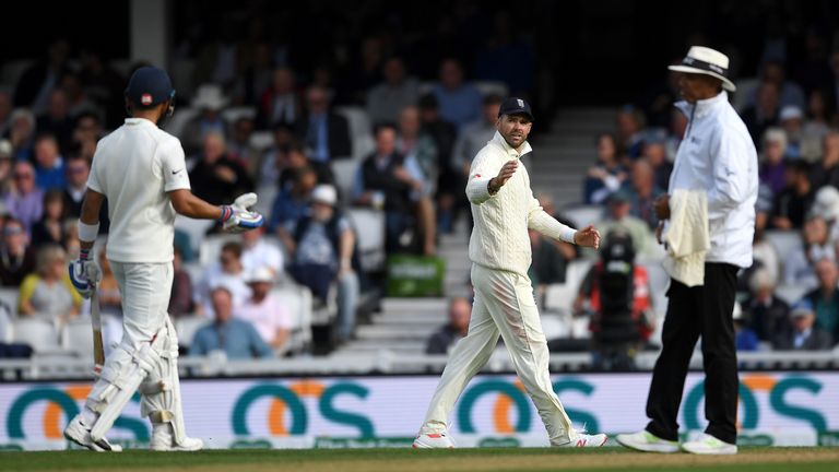 James Anderson and Virat Kohli during day two of the Specsavers 5th Test match between England and India at The Kia Oval on September 8, 2018 in London, England.