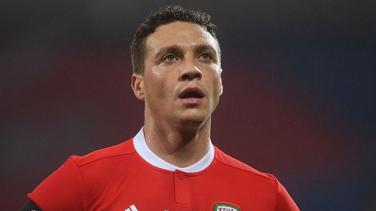 James Chester of Wales in action during the International match between Wales and Panama at Cardiff City Stadium on November 14, 2017 in Cardiff, Wales.