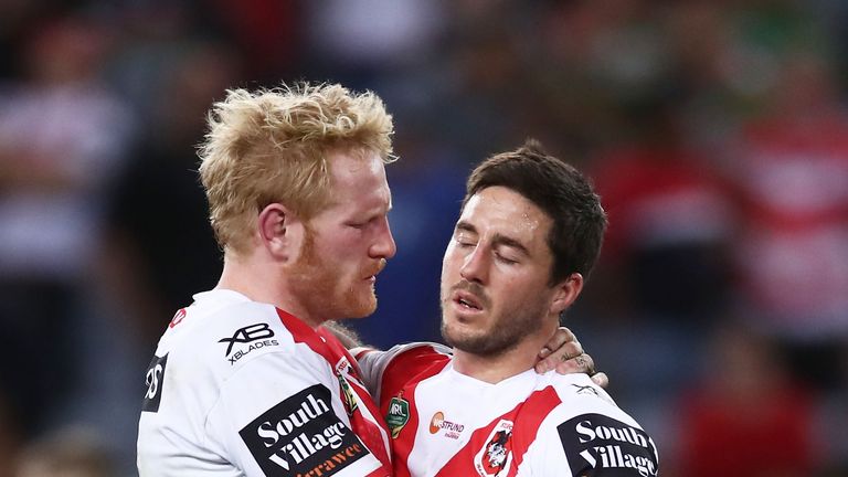 James Graham (L) and Ben Hunt (R) of the Dragons look dejected at fulltime during the NRL Semi Final match between the South Sydney Rabbitohs and the St George Illawarra Dragons at ANZ Stadium on September 15, 2018 in Sydney, Australia. 