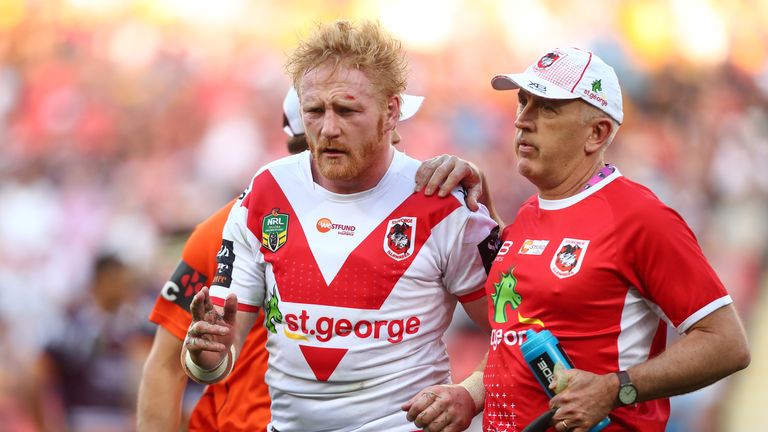 James Graham of the Dragons leaves the field during the NRL Elimination Final match between the Brisbane Broncos and the St George Illawarra Dragons 