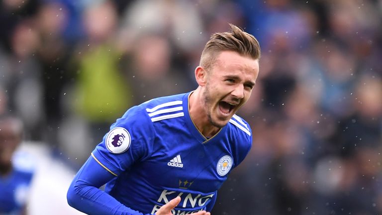 James Maddison celebrates after scoring Leicester City &#39;s second goal