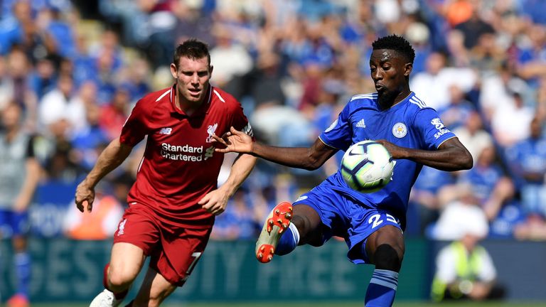 James Milner and Wilfred Ndidi  during the Premier League match between Leicester City and Liverpool FC at The King Power Stadium on September 1, 2018 in Leicester, United Kingdom.