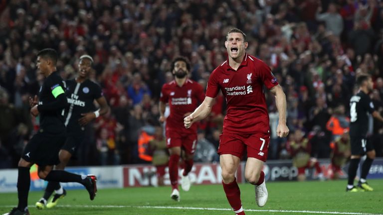 James Milner of Liverpool celebrates after scoring his team's second goal during the Group C match of the UEFA Champions League between Liverpool and Paris Saint-Germain at Anfield on September 18, 2018 in Liverpool, United Kingdom