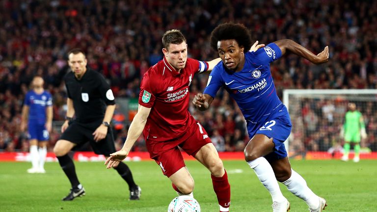 James Milner and Willian during the Carabao Cup Third Round match between Liverpool and Chelsea at Anfield on September 26, 2018 in Liverpool, England.