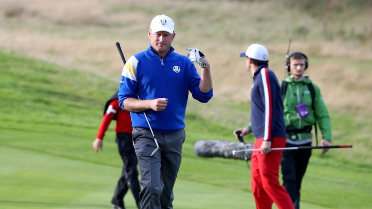 AUCHTERARDER, SCOTLAND - SEPTEMBER 28:  Jamie Donaldson of Europe walks down the 15th fairway shortly before Europe won the Ryder Cup after Donaldson defeated Keegan Bradley of the United States during the Singles Matches of the 2014 Ryder Cup on the PGA Centenary course at the Gleneagles Hotel on September 28, 2014 in Auchterarder, Scotland.  (Photo by Ross Kinnaird/Getty Images)