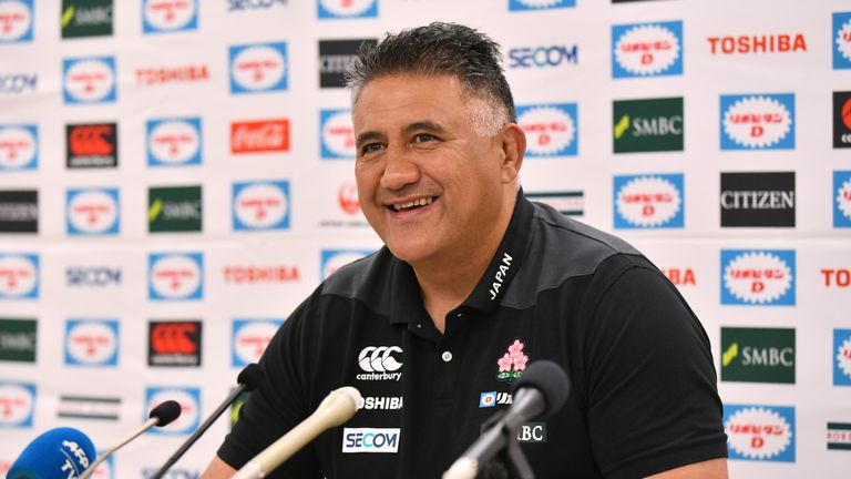 Japan's rugby head coach Jamie Joseph smiles as he answers questions during a press conference in Tokyo on June 27, 2018. - Joseph held a press conference following the rugby union test matches against Italy and Georgia