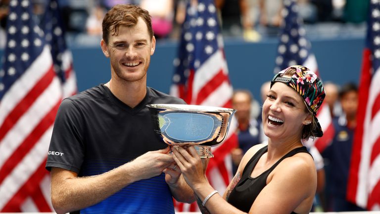 Jamie Murray of Great Britain and Bethanie Mattek-Sands of the United States poses with the trophy after winning the mixed doubles final match against Alicja Rosolska of Poland and Nikola Mektic of Croatia on Day Thirteen of the 2018 US Open at the USTA Billie Jean King National Tennis Center on September 8, 2018 in the Flushing neighborhood of the Queens borough of New York City.