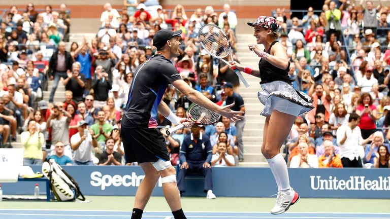 Jamie Murray of Great Britain and Bethanie Mattek-Sands of the United States celebrates match point during the mixed doubles final match against Alicja Rosolska of Poland and Nikola Mektic of Croatia on Day Thirteen of the 2018 US Open at the USTA Billie Jean King National Tennis Center on September 8, 2018 in the Flushing neighborhood of the Queens borough of New York City.