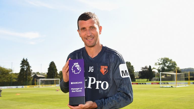 Watford manager Javi Gracia poses with the Barclays 'Manager of the Month' Award for August