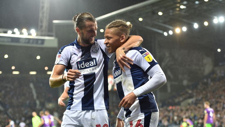  Jay Rodriguez and Dwight Gayle celebrate a goal for West Brom v Bristol City