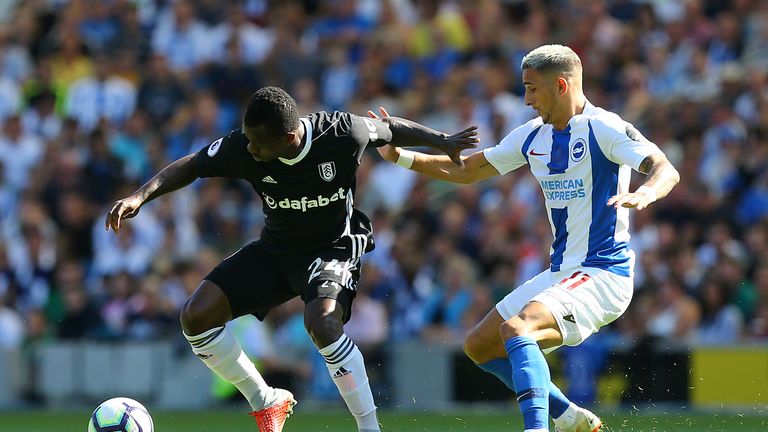 Jean Michael Seri and Anthony Knockaert battle for the ball