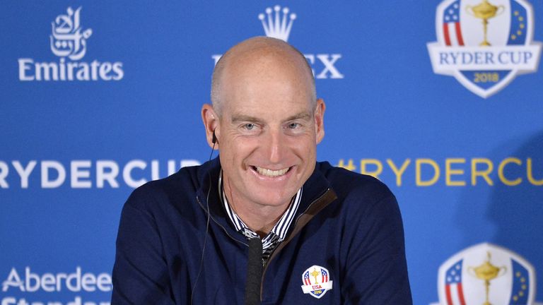 PARIS, FRANCE - OCTOBER 17:  Jim Furyk, Captain of The United States of America speaks during a Ryder Cup 2018 Year to Go Captains Press Conference at the Pullman Paris Tour Eiffel Hotel  on October 17, 2017 in Paris, France.  (Photo by Aurelien Meunier/Getty Images)