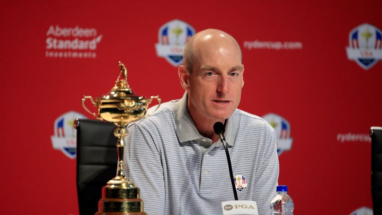 Jim Furyk the Captain of the USA Ryder Cup team talks with the media  during the 2018 Ryder Cup Press Conference at Bellerive Country Club on August 13, 2018 in St Louis, Missouri.