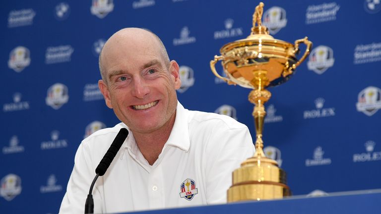 Captain Jim Furyk of the United States looks on during a press conference ahead of the 42nd Ryder Cup 2018 at Le Golf National on September 24, 2018 in Paris, France.