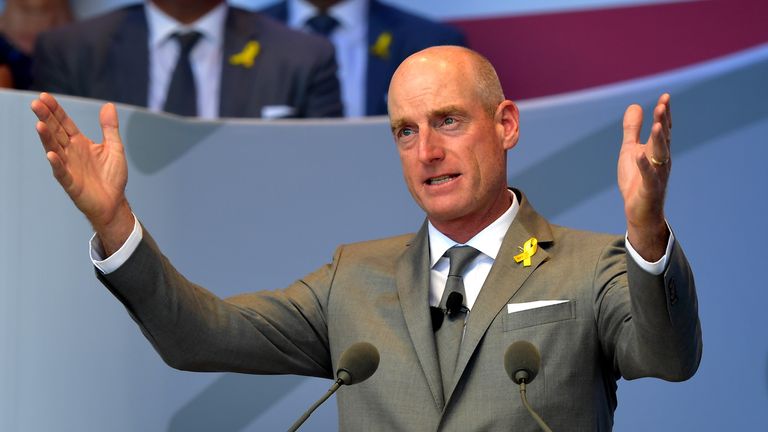 Captain Jim Furyk of the United States makes a speech during the opening ceremony for the 2018 Ryder Cup at Le Golf National on September 27, 2018 in Paris, France.  