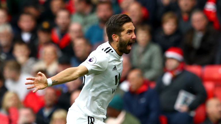 Joao Moutinho celebrates his goal at Old Trafford