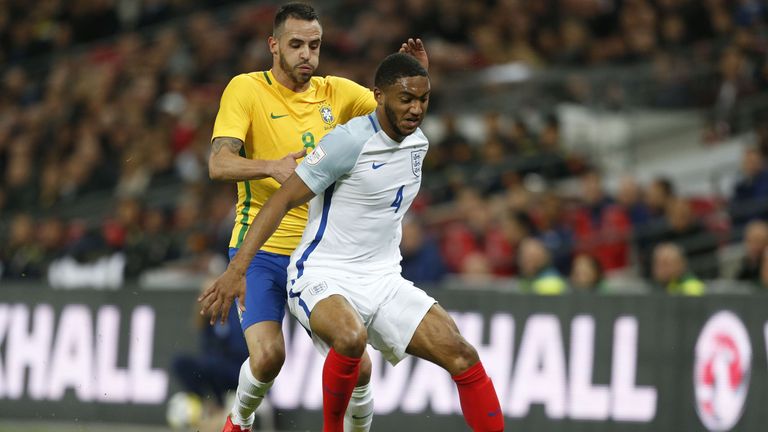 Joe Gomez of England battle for possession during the international friendly match between England and Brazil at Wembley Stadium on November 14, 2017 in London, England. 