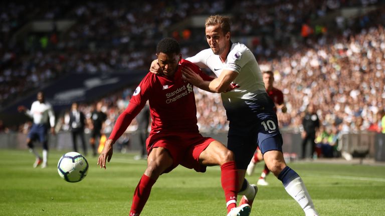 Joe Gomez and Harry Kane battle for the ball in Liverpool's 2-1 win over Tottenham at Wembley in the Premier League