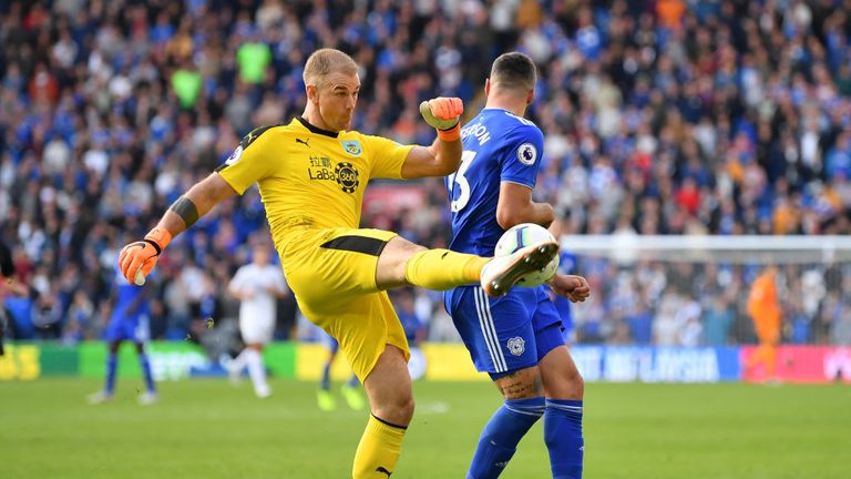 CARDIFF, WALES - SEPTEMBER 30:  Joe Hart of Burnley clears the ball out of the box away from Callum Paterson of Cardiff City during the Premier League match between Cardiff City and Burnley FC at Cardiff City Stadium on September 30, 2018 in Cardiff, United Kingdom.  (Photo by Dan Mullan/Getty Images)