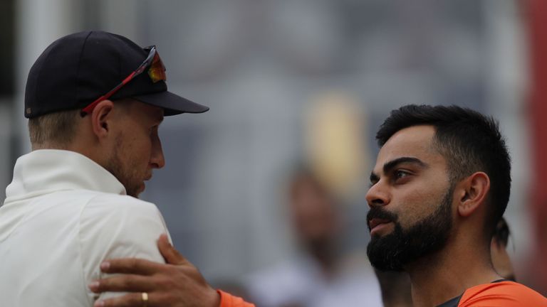 Joe Root and Virat Kohli shake hands after England's beat India in the fifth Test at The Oval