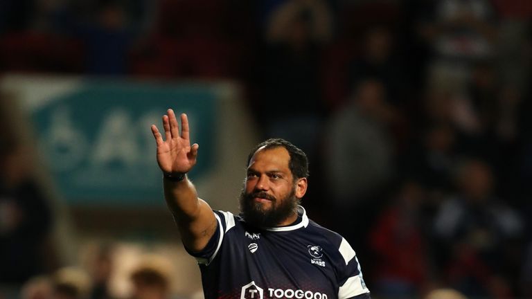 John Afoa waving to the crowd at Ashton Gate after Bristol's Round 1 derby against Bath