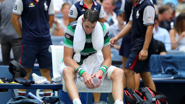 John Isner of The United States reacts during the men's singles quarter-final match against Juan Martin Del Potro of Argentina on Day Nine of the 2018 US Open at the USTA Billie Jean King National Tennis Center on September 4, 2018 in the Flushing neighborhood of the Queens borough of New York City. 