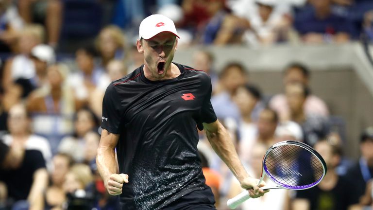 John Millman of Australia shows his emotions during the men's singles fourth round match against Roger Federer of Switzerland on Day Eight of the 2018 US Open at the USTA Billie Jean King National Tennis Center on September 3, 2018 in the Flushing neighborhood of the Queens borough of New York City. 