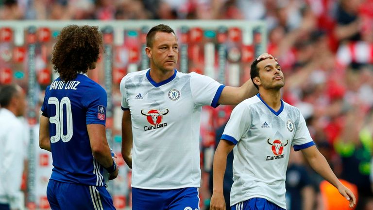 John Terry comiserates with David Luiz and Pedro following their defeat to Arsenal in the 2017 FA Cup Final.