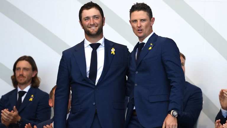 Jon Rahm of Europe and Justin Rose of Europe react after being matched against Tony Finau of the United States and Brooks Koepka of the United States during the opening ceremony for the 2018 Ryder Cup at Le Golf National on September 27, 2018 in Paris, France.  