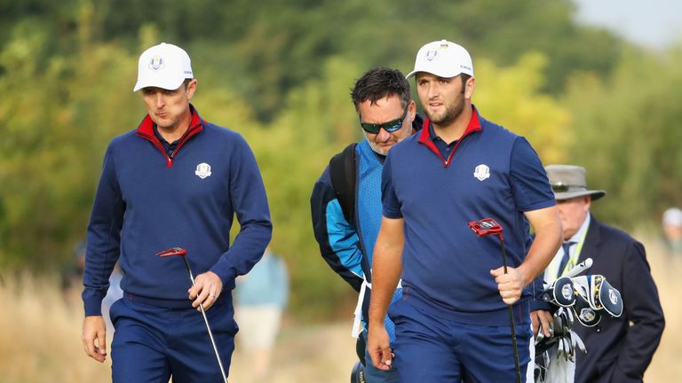 PARIS, FRANCE - SEPTEMBER 28:  Jon Rahm of Europe and Justin Rose of Europe during the morning fourball matches of the 2018 Ryder Cup at Le Golf National on September 28, 2018 in Paris, France.  (Photo by Christian Petersen/Getty Images)