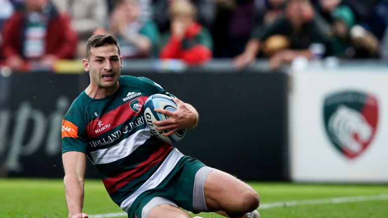 Jonny May slides in for a try during the Gallagher Premiership Rugby match between Leicester Tigers and Sale Sharks at Welford Road Stadium on September 30, 2018 in Leicester, United Kingdom.