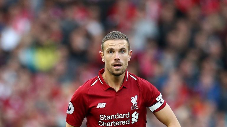 Jordan Henderson of Liverpool controls the ball during the Premier League match between Liverpool FC and Brighton & Hove Albion at Anfield on August 25, 2018 in Liverpool, United Kingdom. 