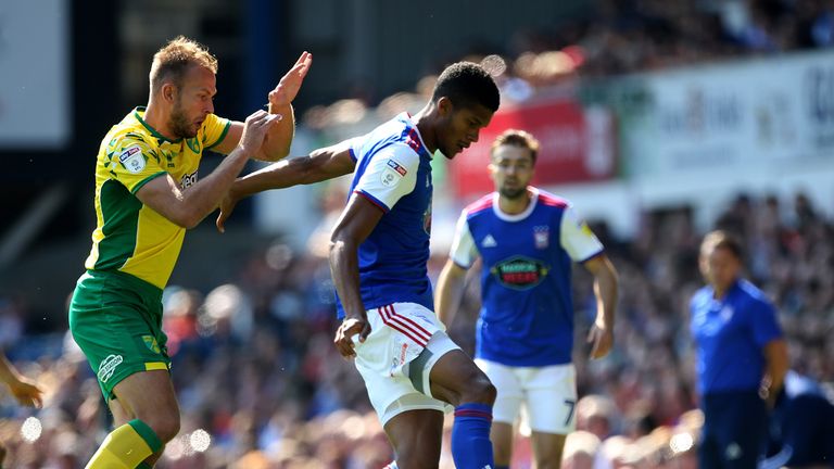 Ipswich Town's Jordan Spence (right) and Norwich City's Jordan Rhodes in action during the Sky Bet Championship match at Portman Road, Ipswich, 2 September 2018