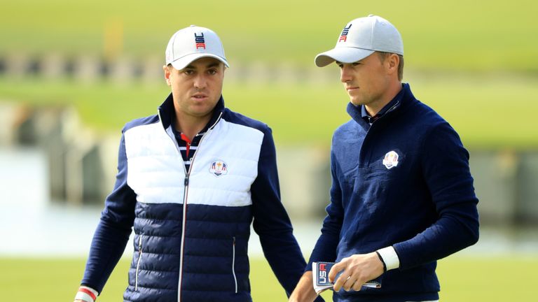 during the morning fourball matches of the 2018 Ryder Cup at Le Golf National on September 28, 2018 in Paris, France.