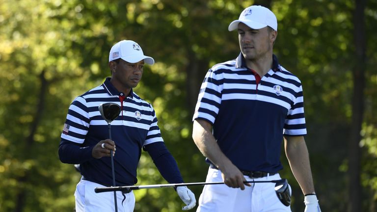 US golfer Tiger Woods (L) walks with teammate US golfer Jordan Spieth during a practice session ahead of the 42nd Ryder Cup at Le Golf National Course at Saint-Quentin-en-Yvelines, south-west of Paris on September 26, 2018. (Photo by Eric FEFERBERG / AFP)        (Photo credit should read ERIC FEFERBERG/AFP/Getty Images)