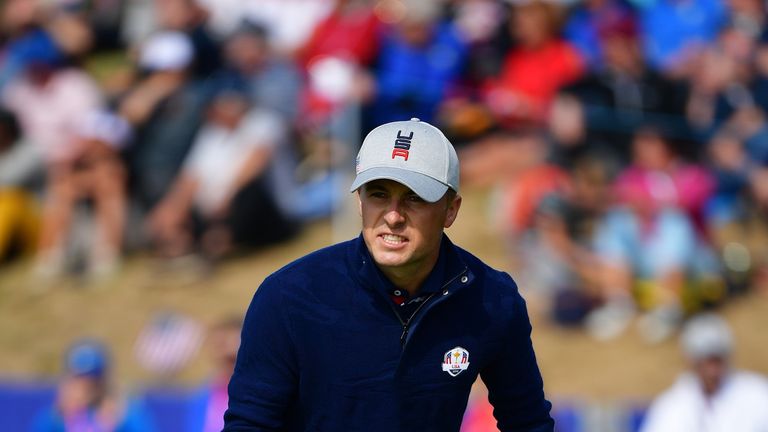 Jordan Spieth of the United States celebrates during the morning fourball matches of the 2018 Ryder Cup at Le Golf National on September 28, 2018 in Paris, France.