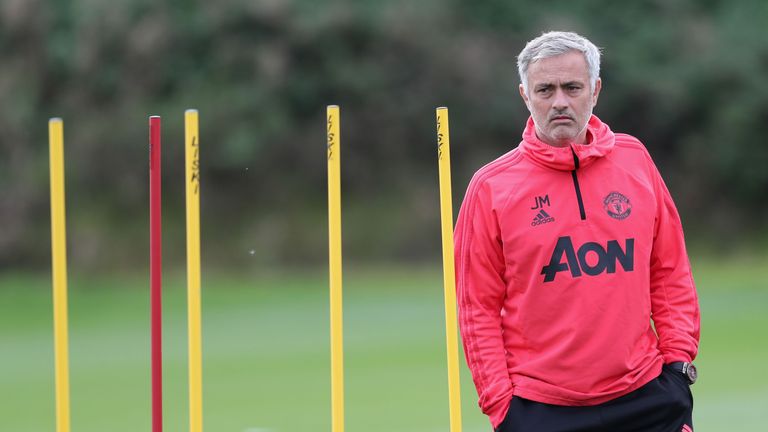 Manchester United manager Jose Mourinho during a first team training session at their Aon Training Complex