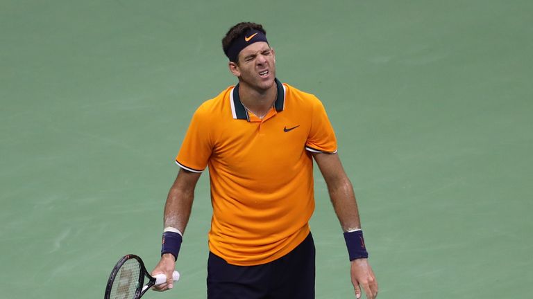 Juan Martin del Potro of Argentina reacts during his men's Singles finals match against Novak Djokovic of Serbia on Day Fourteen of the 2018 US Open at the USTA Billie Jean King National Tennis Center on September 9, 2018 in the Flushing neighborhood of the Queens borough of New York City. 