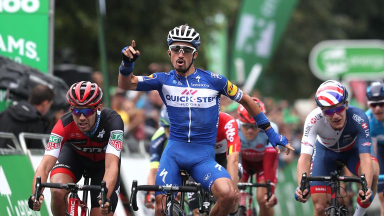 Julian Alaphilippe won stage three of the Tour of Britain and is only two seconds off leader Patrick Bevin (L)