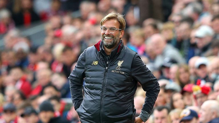 Jurgen Klopp, Manager of Liverpool reacts during the Premier League match between Liverpool FC and Southampton FC at Anfield