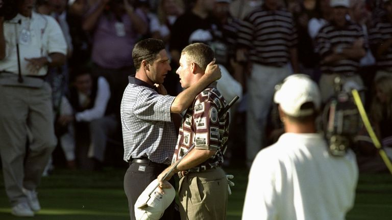 Justin Leonard and Jose Maria Olazabal went head to head in the Sunday singles 