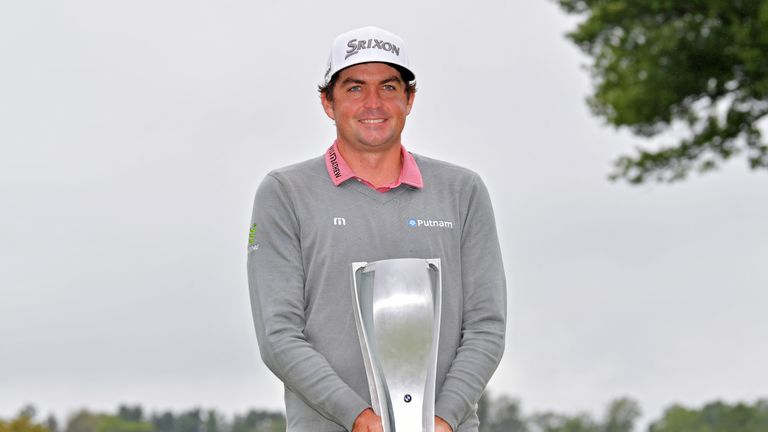 Keegan Bradley with the BMW Championship trophy