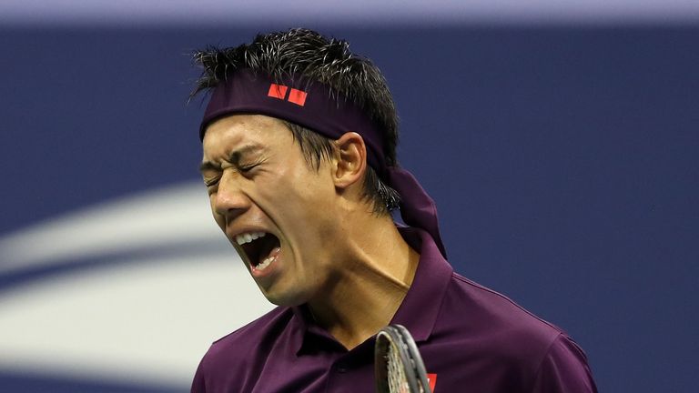 Kei Nishikori of Japan reacts during his men's singles semi-final match against Novak Djokovic of Serbia on Day Twelve of the 2018 US Open at the USTA Billie Jean King National Tennis Center on September 7, 2018 in the Flushing neighborhood of the Queens borough of New York City.