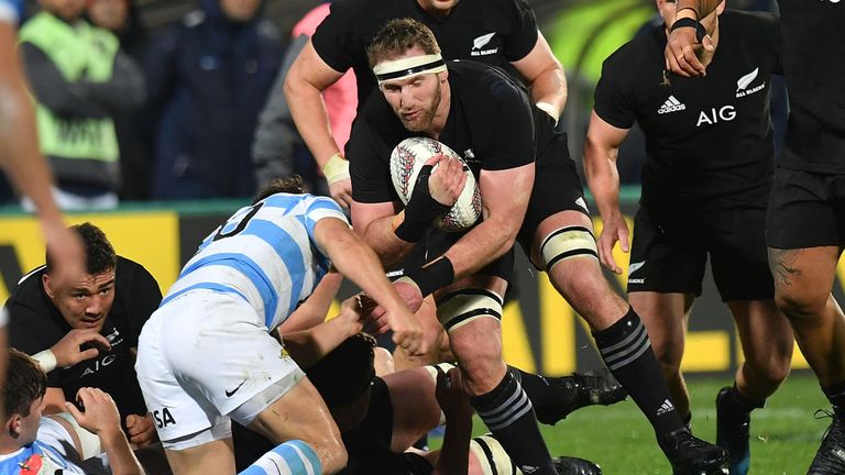New Zealand's Kieran Read takes on the Argentina defence during the 2017 Rugby Championship.