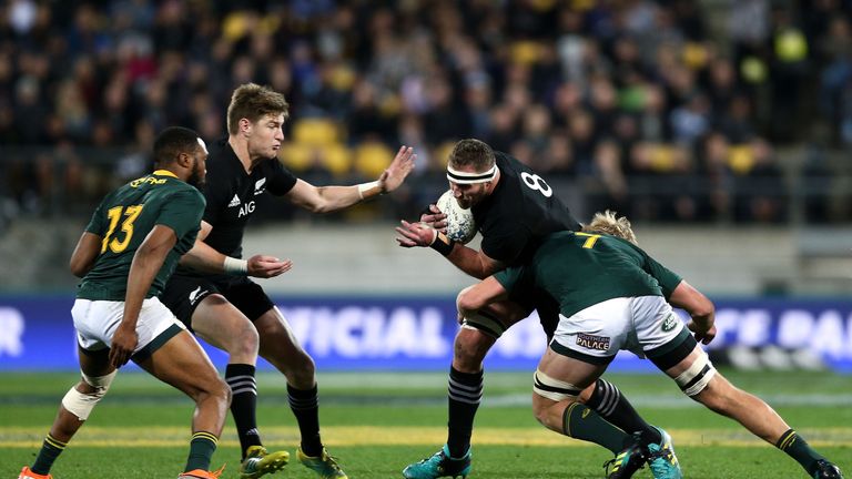 Kieran Read of New Zealand is tackled by Pieter-Steph du Toit of South Africa during The Rugby Championship match between the New Zealand All Blacks and the South Africa Springboks at Westpac Stadium on September 15, 2018 in Wellington, New Zealand